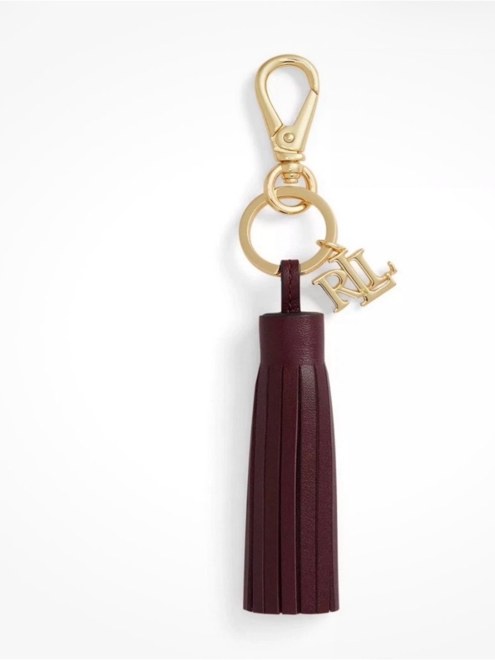 Ralph Lauren Maroon Leather Tassel Key Fob with Gold RL Charm